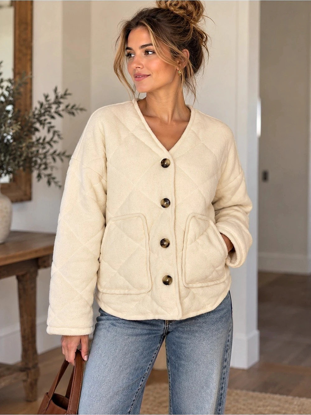 Madewell XS Cream 100% Merino Wool Quilted Cardigan Jacket Button Front